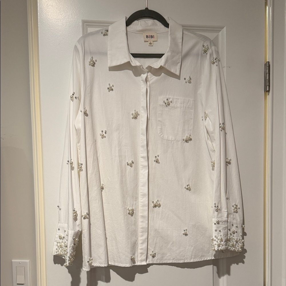 BiBi White Pearl & Crystal Embellished Button-Front Shirt size Large